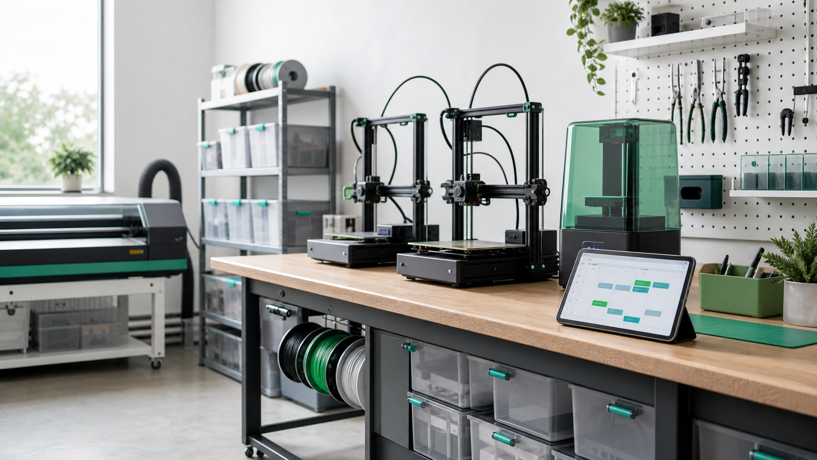 Organized makerspace bench with 3D printers, resin printer, laser cutter, material bins, and a scheduling tablet